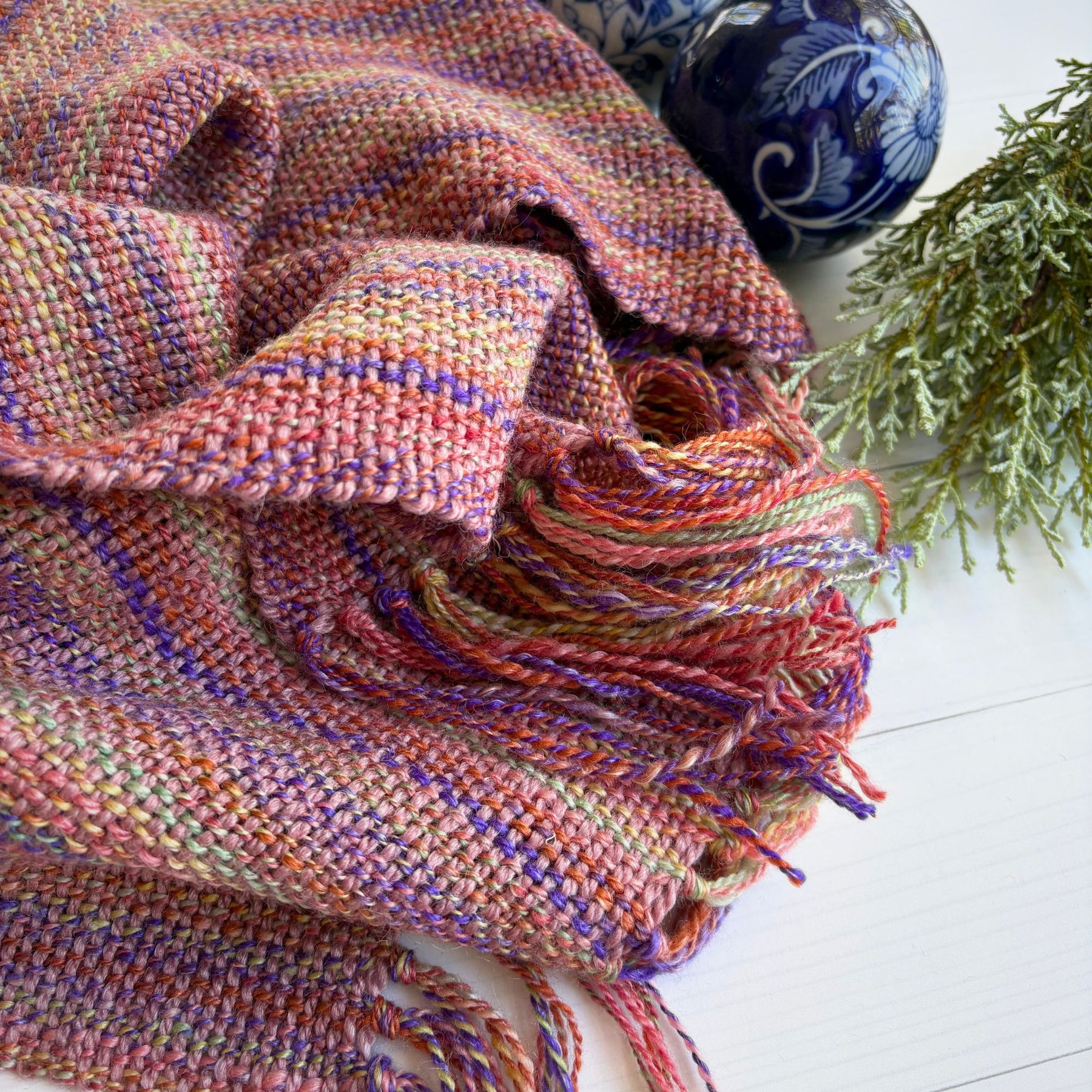 Handwoven scarf - handspun wool - rainbow/purple
