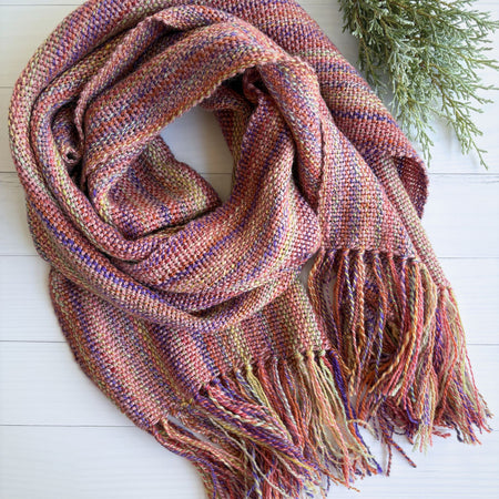 Handwoven scarf - handspun wool - rainbow/purple