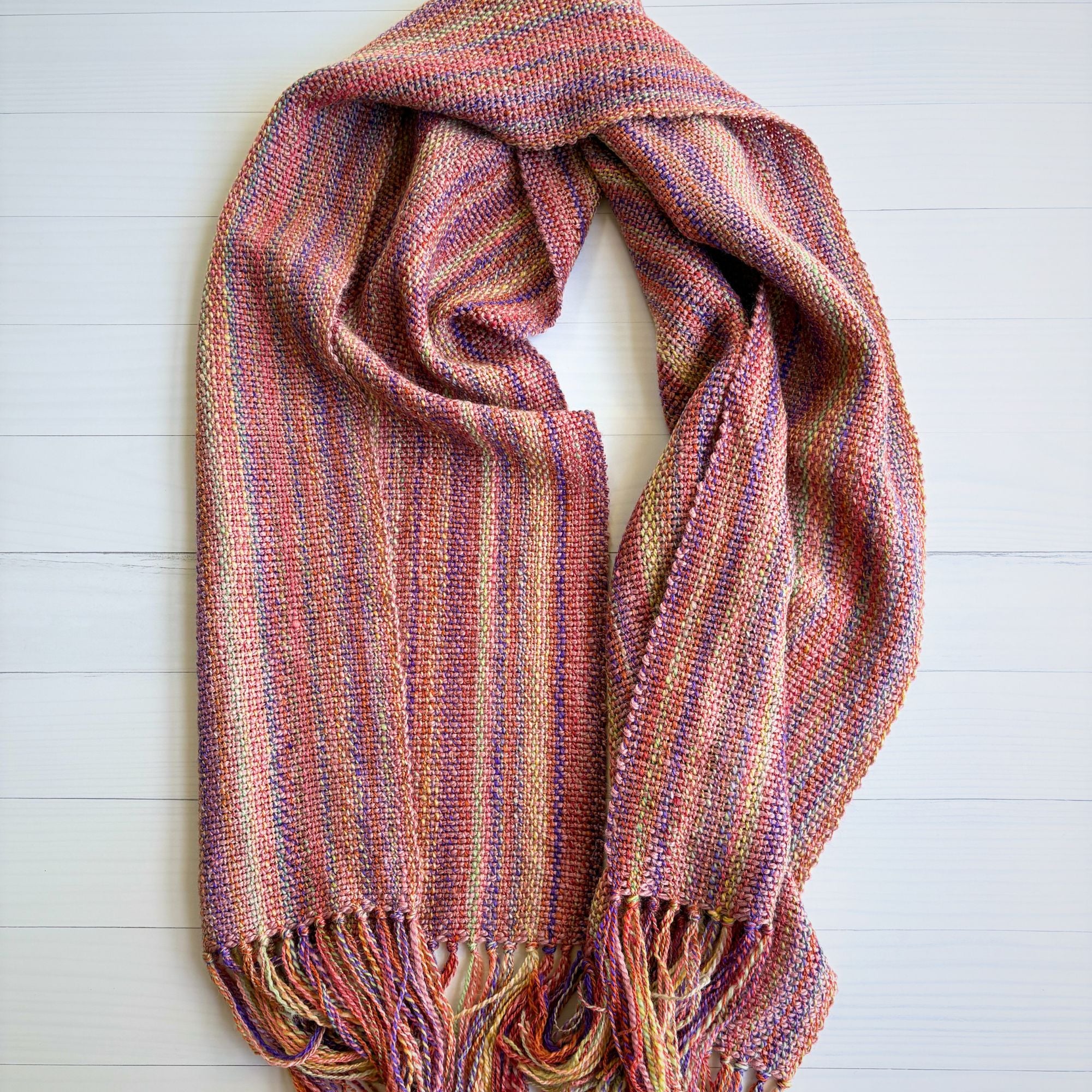 Handwoven scarf - handspun wool - rainbow/purple