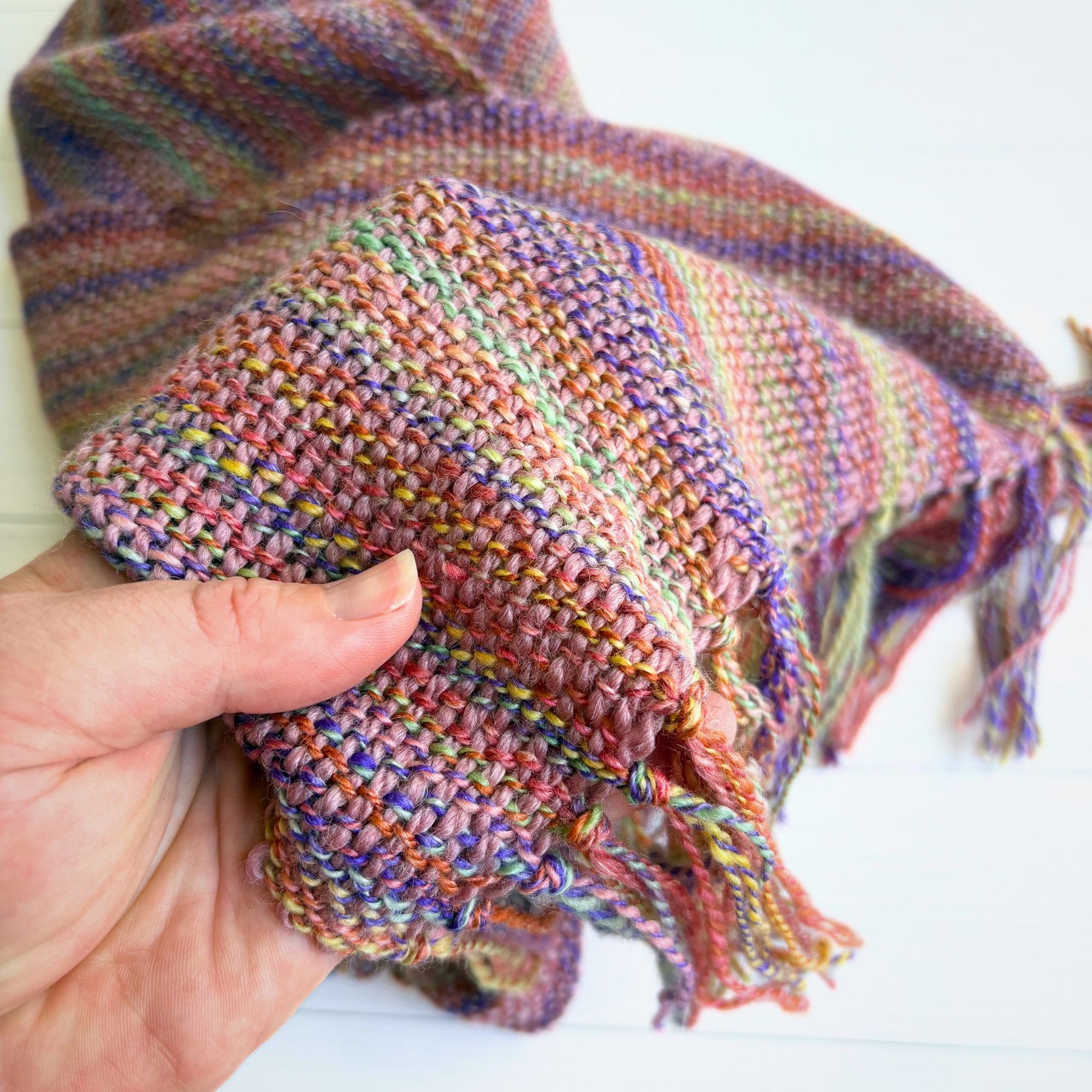Handwoven scarf - handspun wool - rainbow/purple