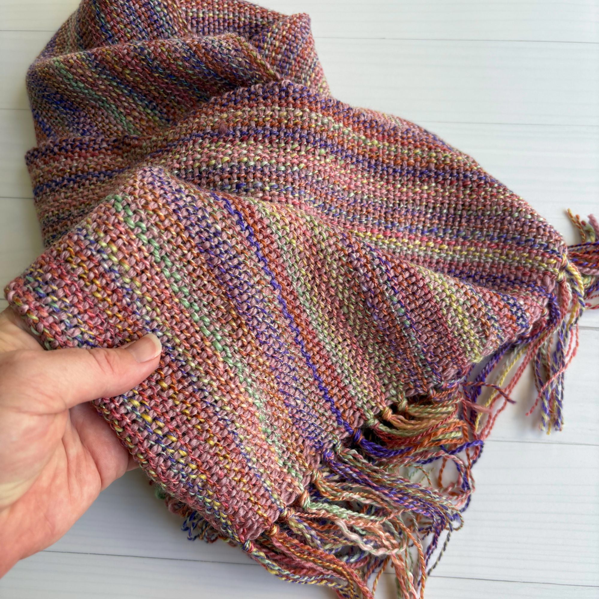 Handwoven scarf - handspun wool - rainbow/purple