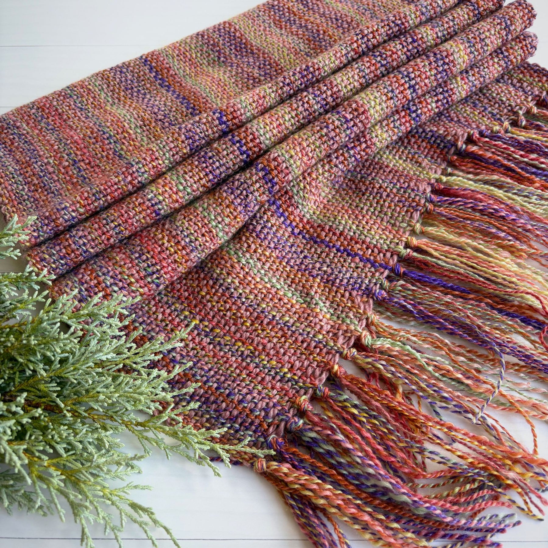 Handwoven scarf - handspun wool - rainbow/purple