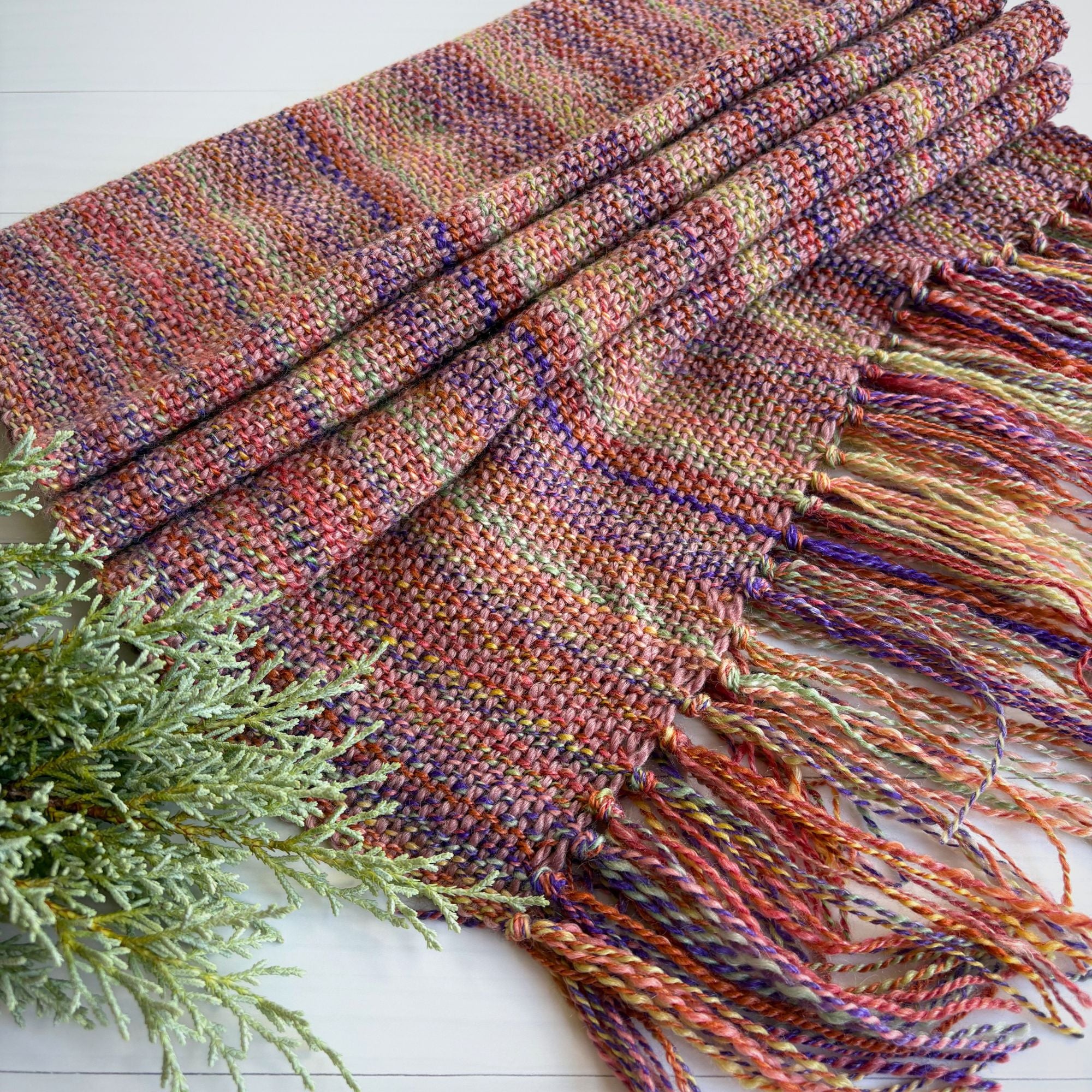Handwoven scarf - handspun wool - rainbow/purple