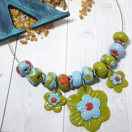 Green Blue and Orange Floral Polymer Clay Choker Necklace