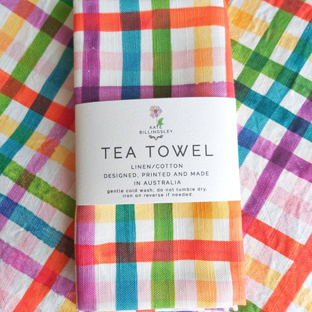 Cotton/Linen Tea Towel - Rainbow Gingham