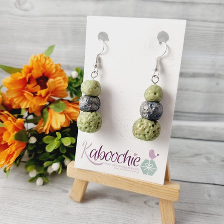 Triple Beaded Lava Rock Earrings Green