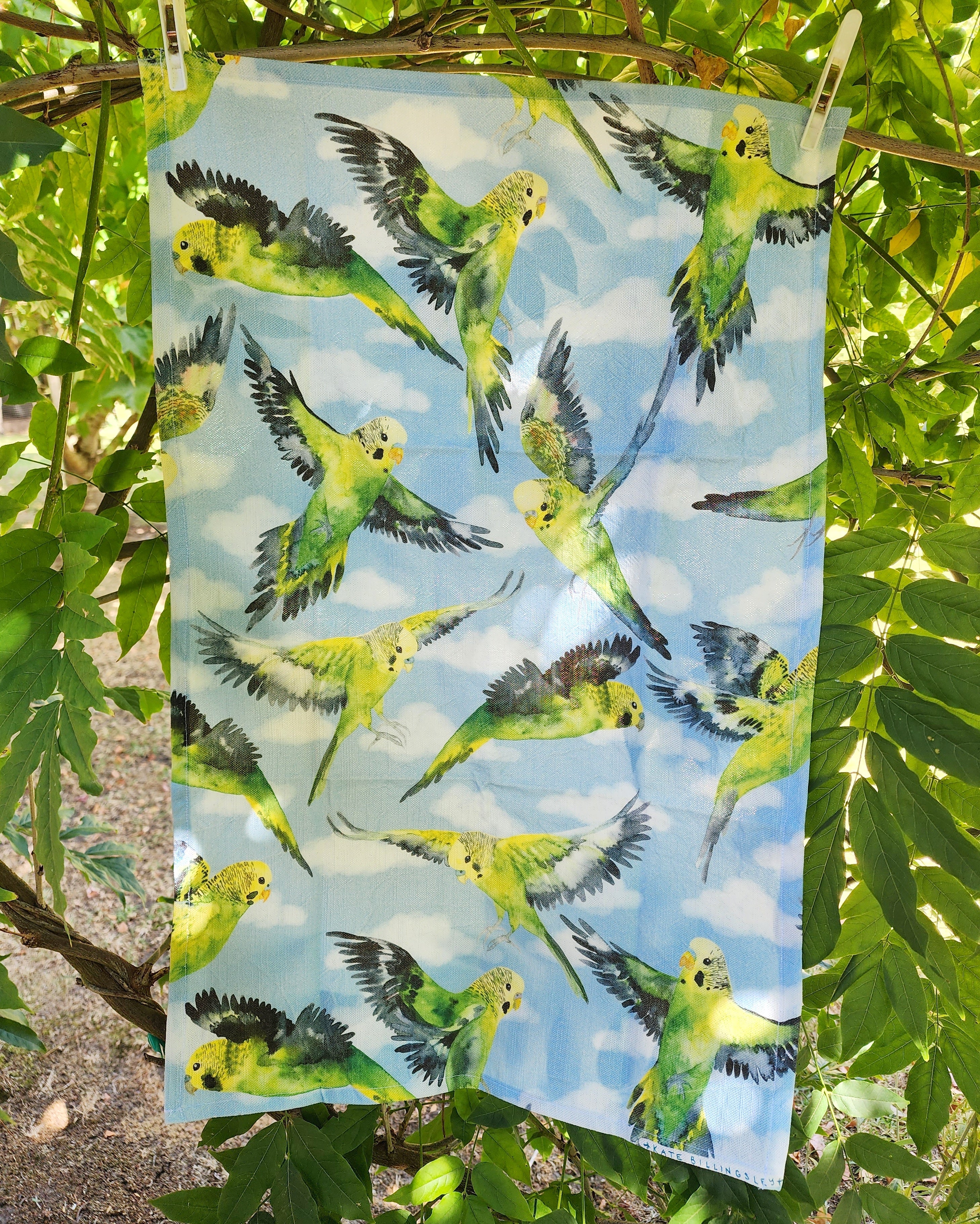 Cotton/Linen Tea Towel - Budgies in Flight