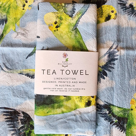 Cotton/Linen Tea Towel - Budgies in Flight