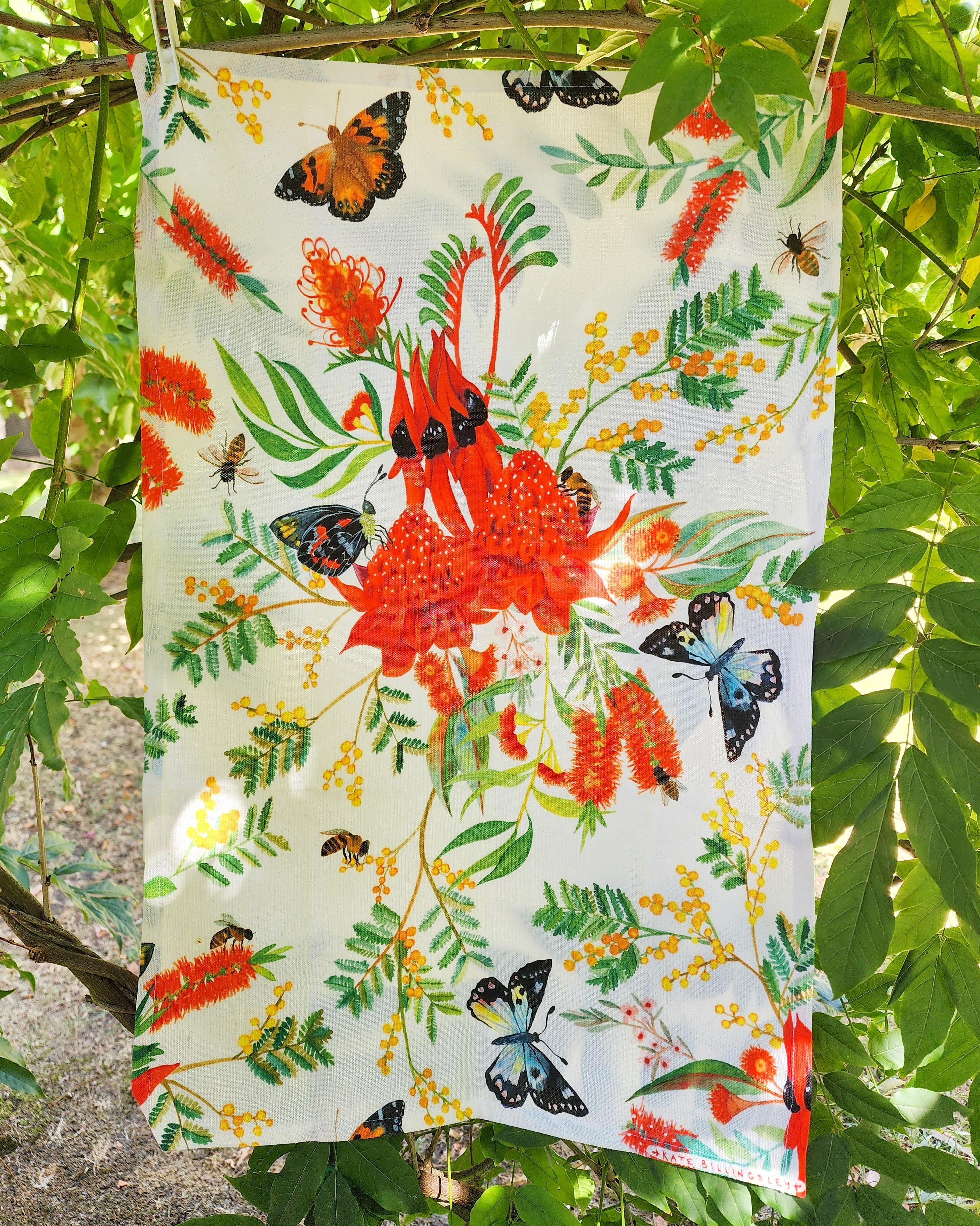 Cotton/Linen Tea Towel - Australiana Bees Butterflies