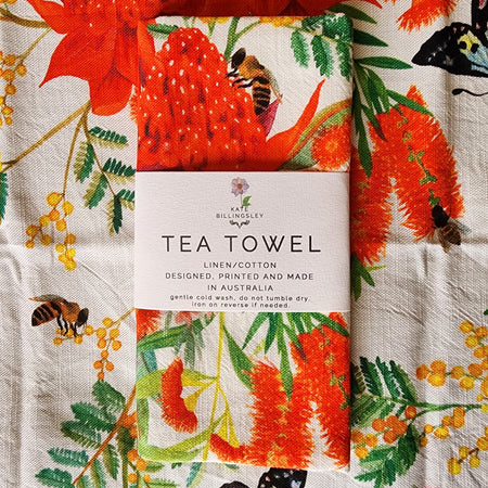 Cotton/Linen Tea Towel - Australiana Bees Butterflies