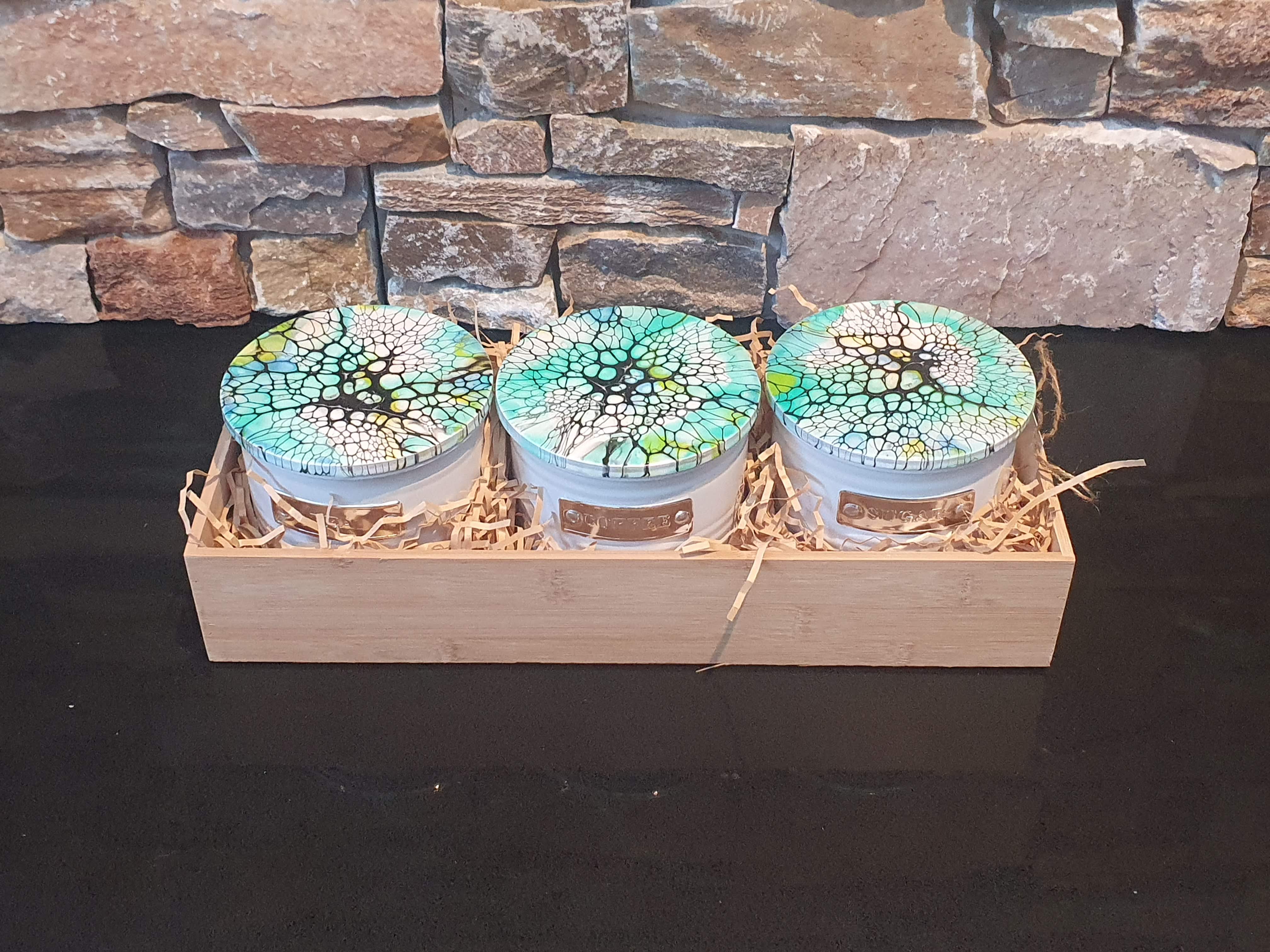 Bloom 3 piece tea, coffee, sugar tin canister gift set