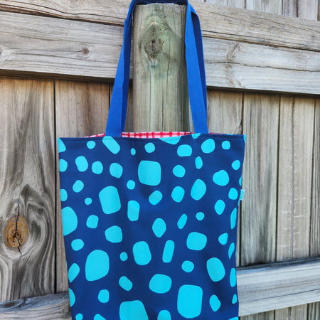 Blue spot/red plaid Reversible Medium Tote Bag