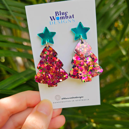 Christmas Tree Chameleon Glitter Resin Dangle Earrings Handmade