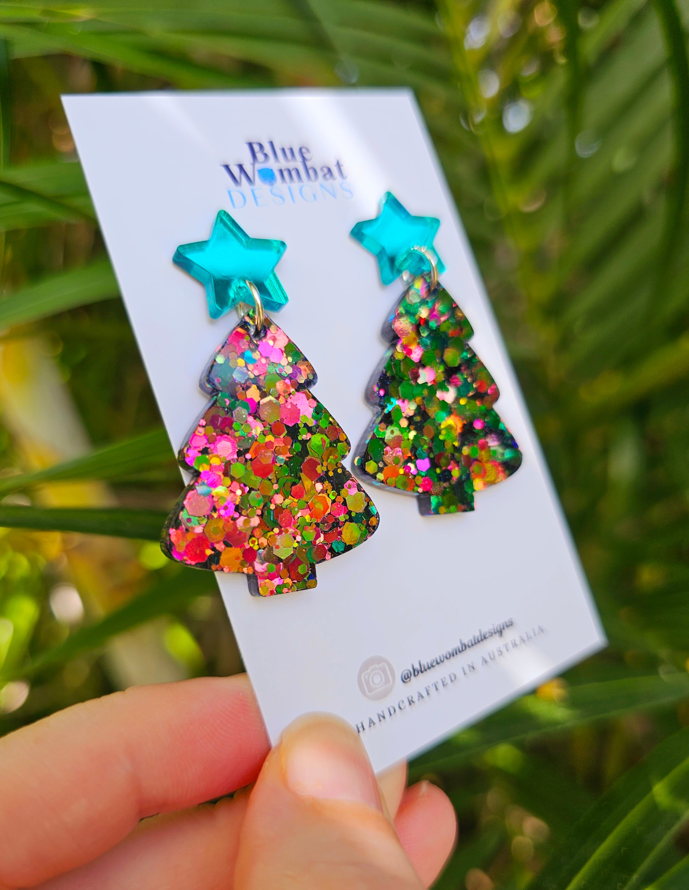 Christmas Tree Chameleon Glitter Resin Dangle Earrings Handmade