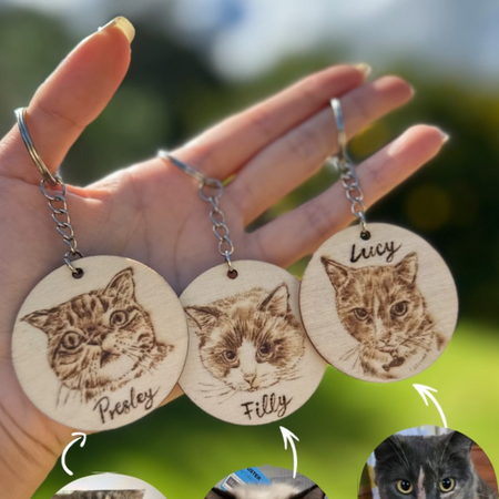 Custom Pet Portrait Key Ring – Handmade Pyrography on Wood