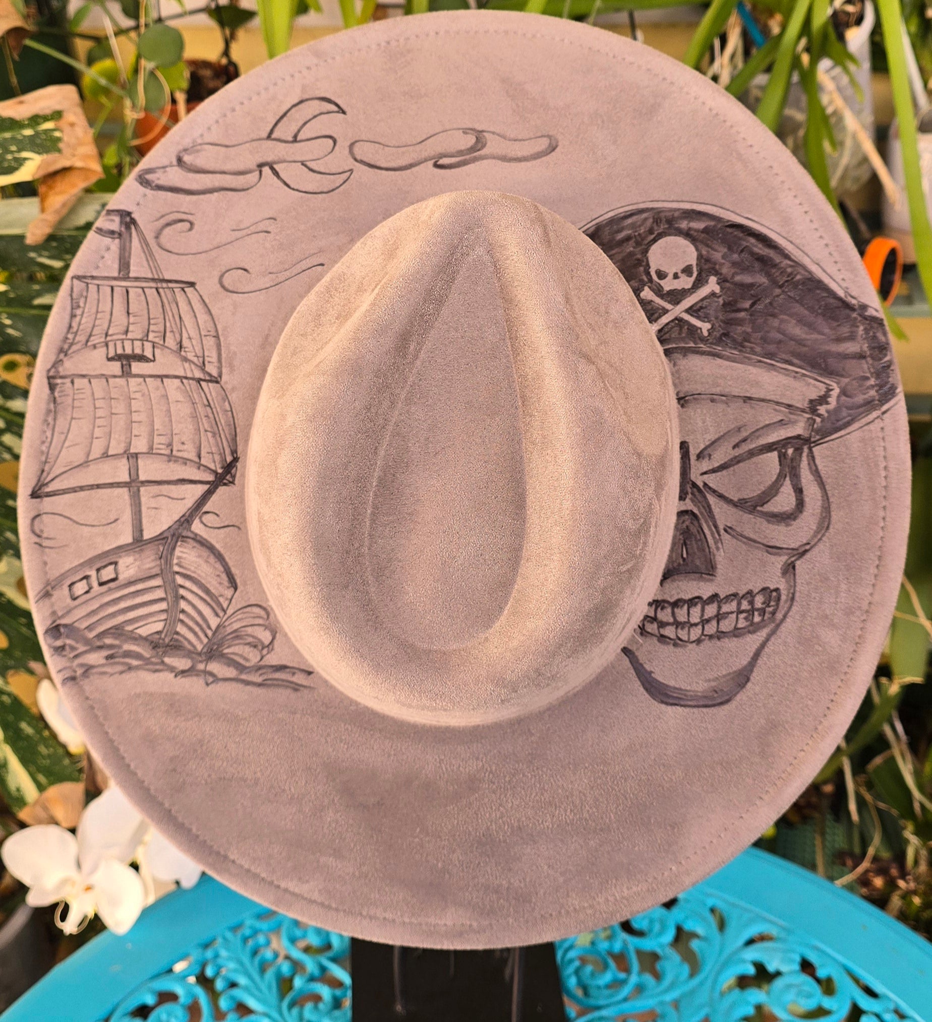 Hand burnt fedora hat - Glow in the dark Pirate theme
