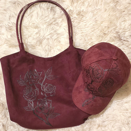 Wine red rose hand burnt shoulder bag and baseball cap