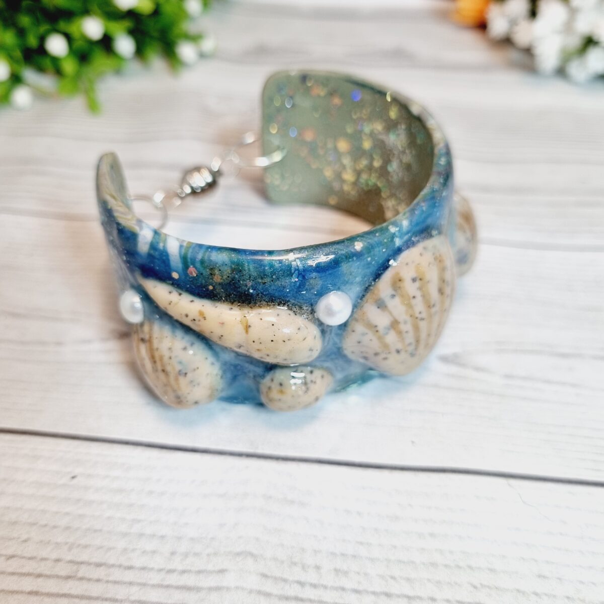 Hand Sculpted Polymer Clay Cuff Bracelet - Seashells