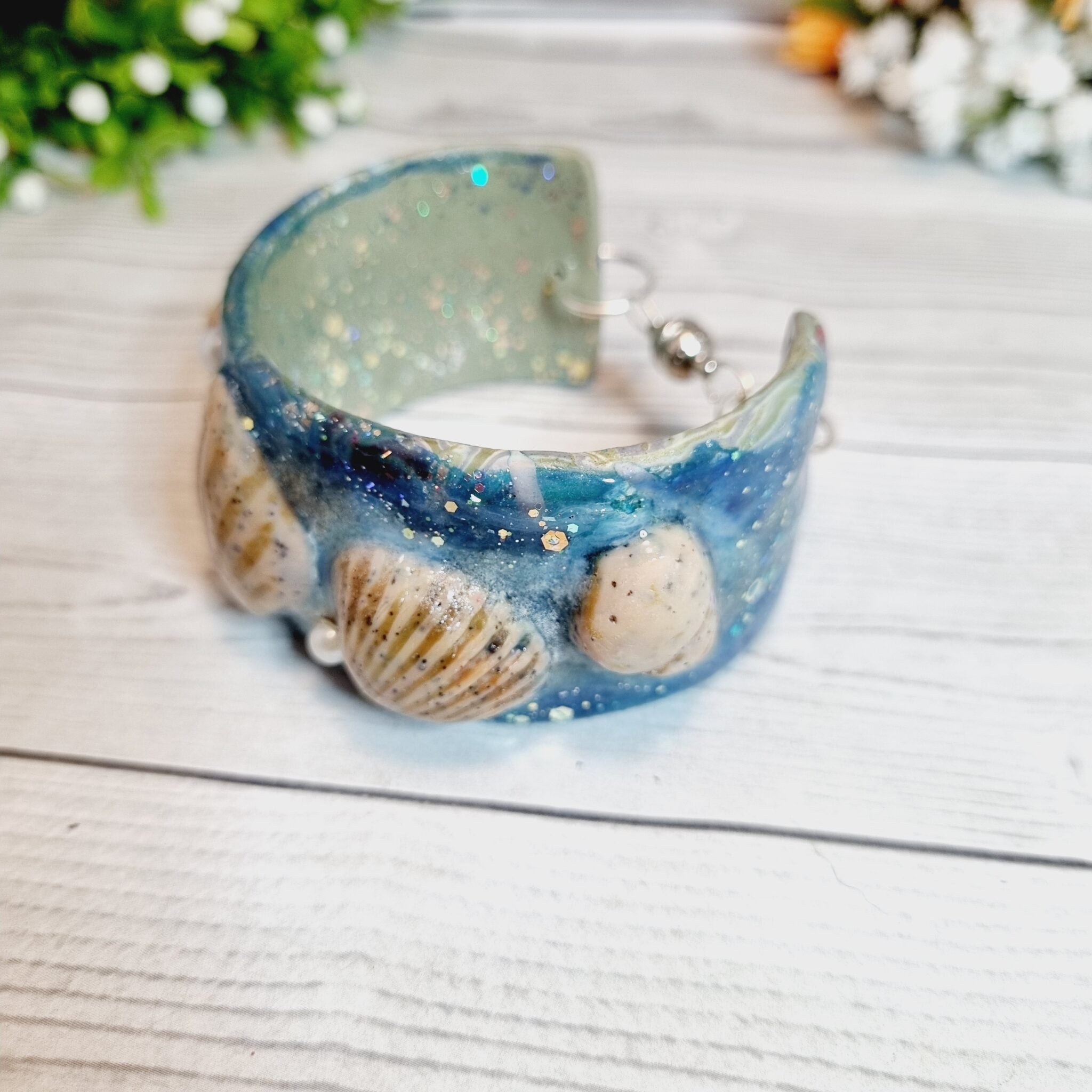 Hand Sculpted Polymer Clay Cuff Bracelet - Seashells