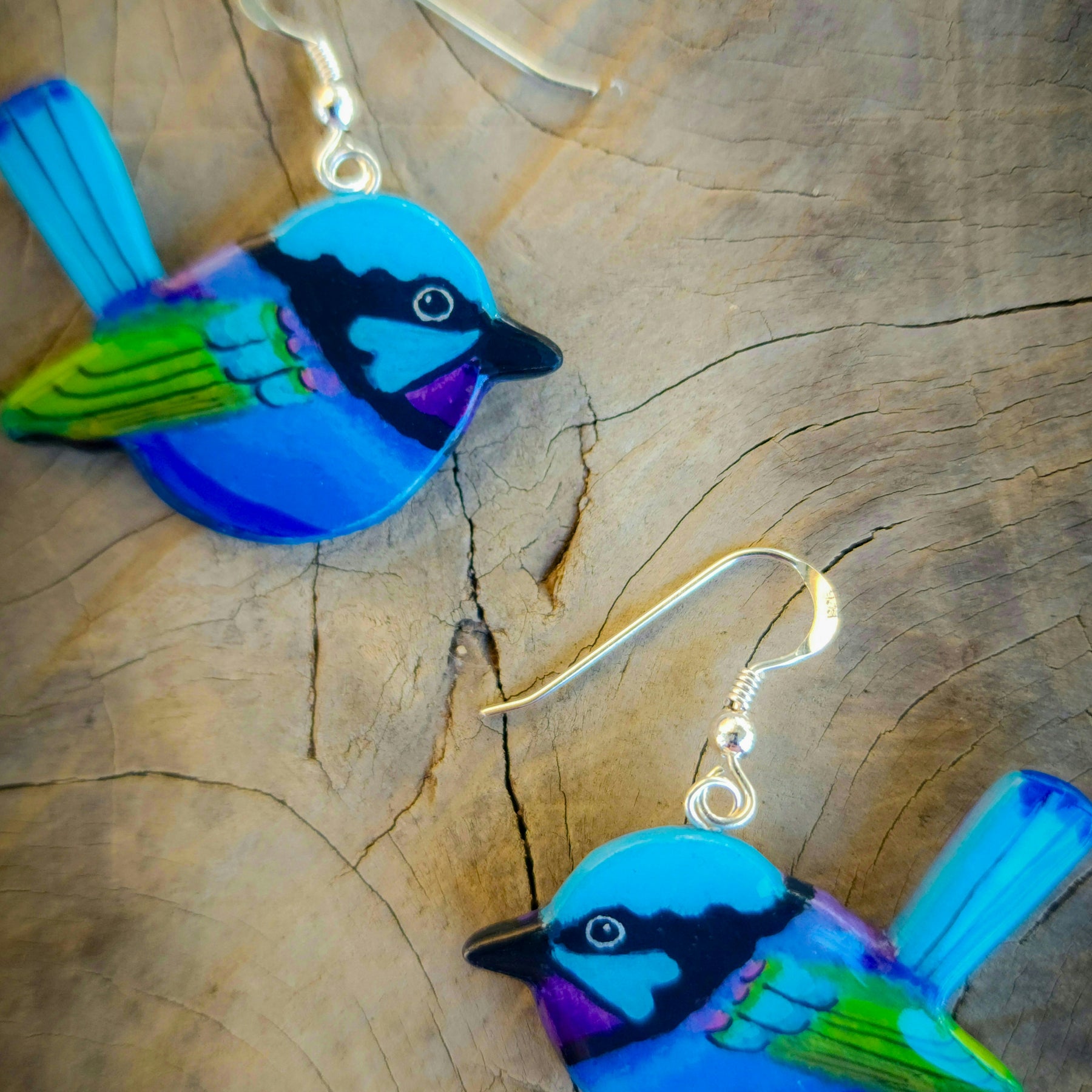 Fairy-wren earrings, sterling silver, handpainted, handcarved