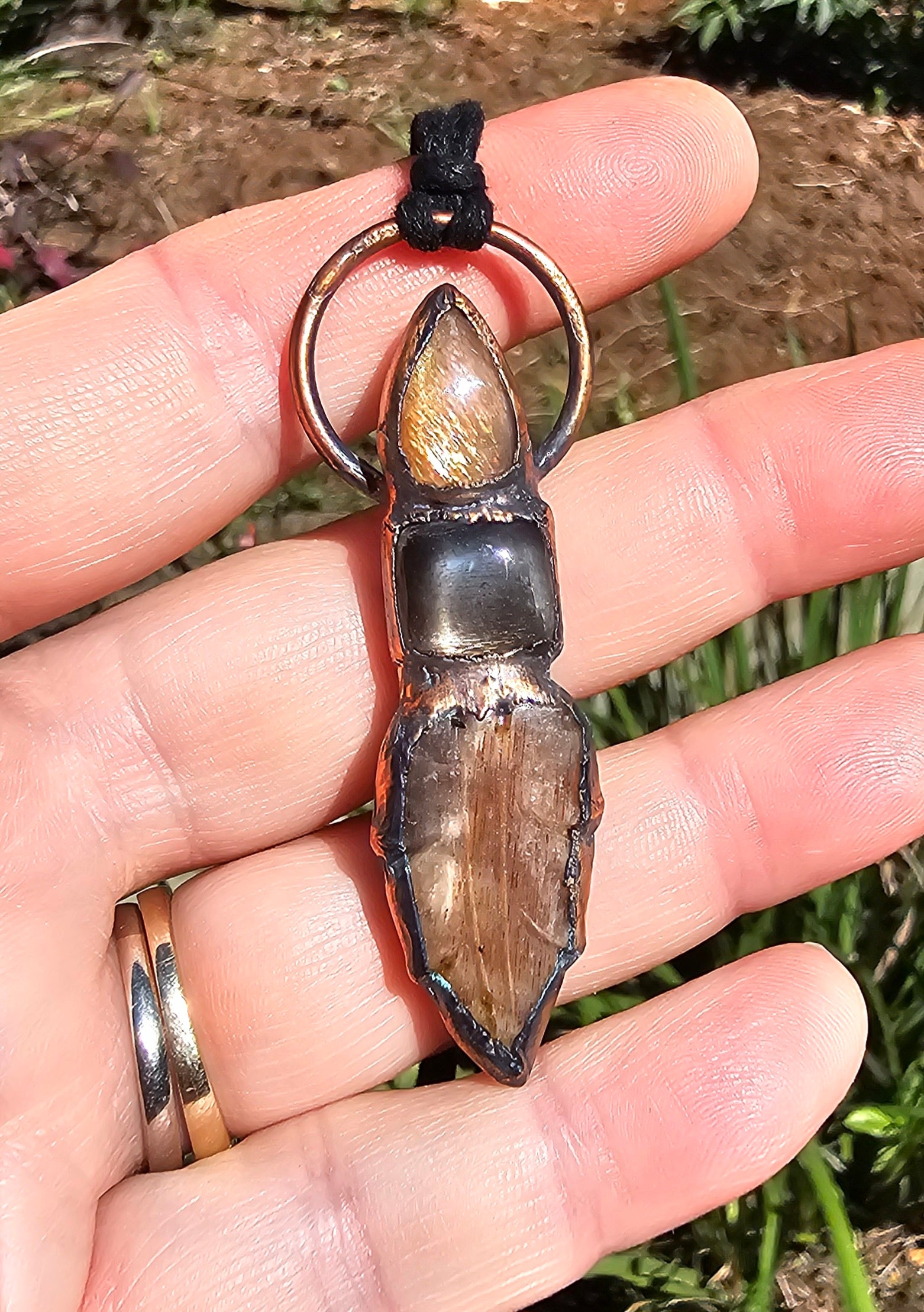 Sunstone and Copper Leaf Carved Pendant Electroformed