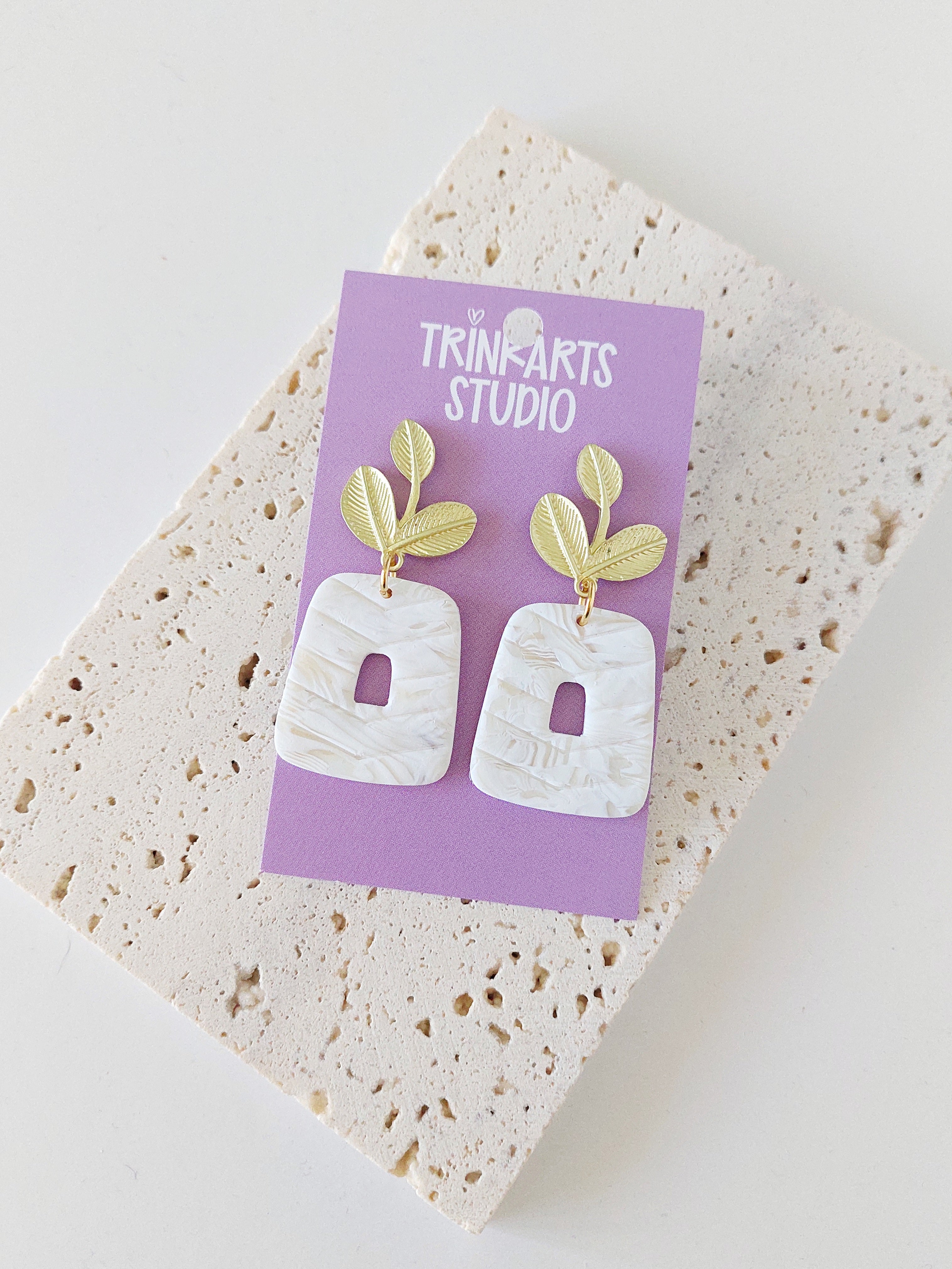 White Marble Bridal Polymer Clay Dangle Earrings