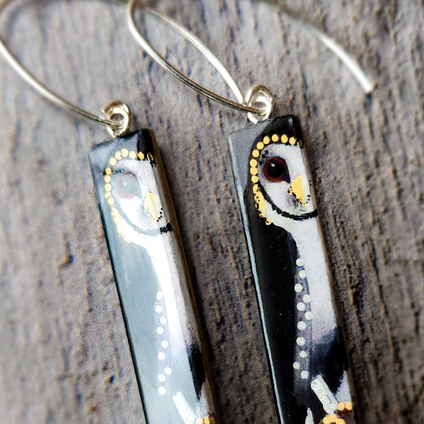 Owl earrings, bird earrings, silver hooks, handpainted, handcarved