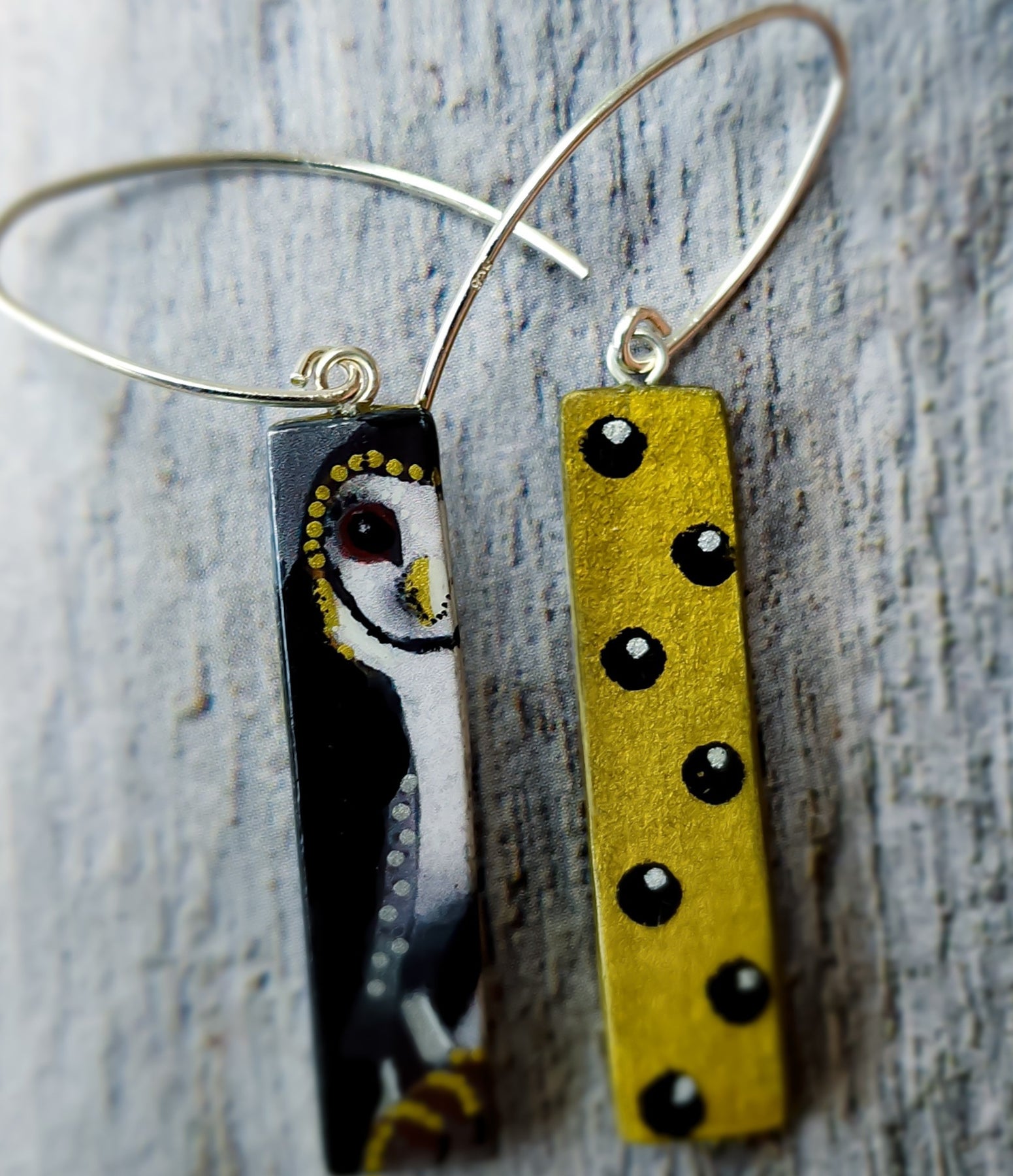 Owl earrings, bird earrings, silver hooks, handpainted, handcarved