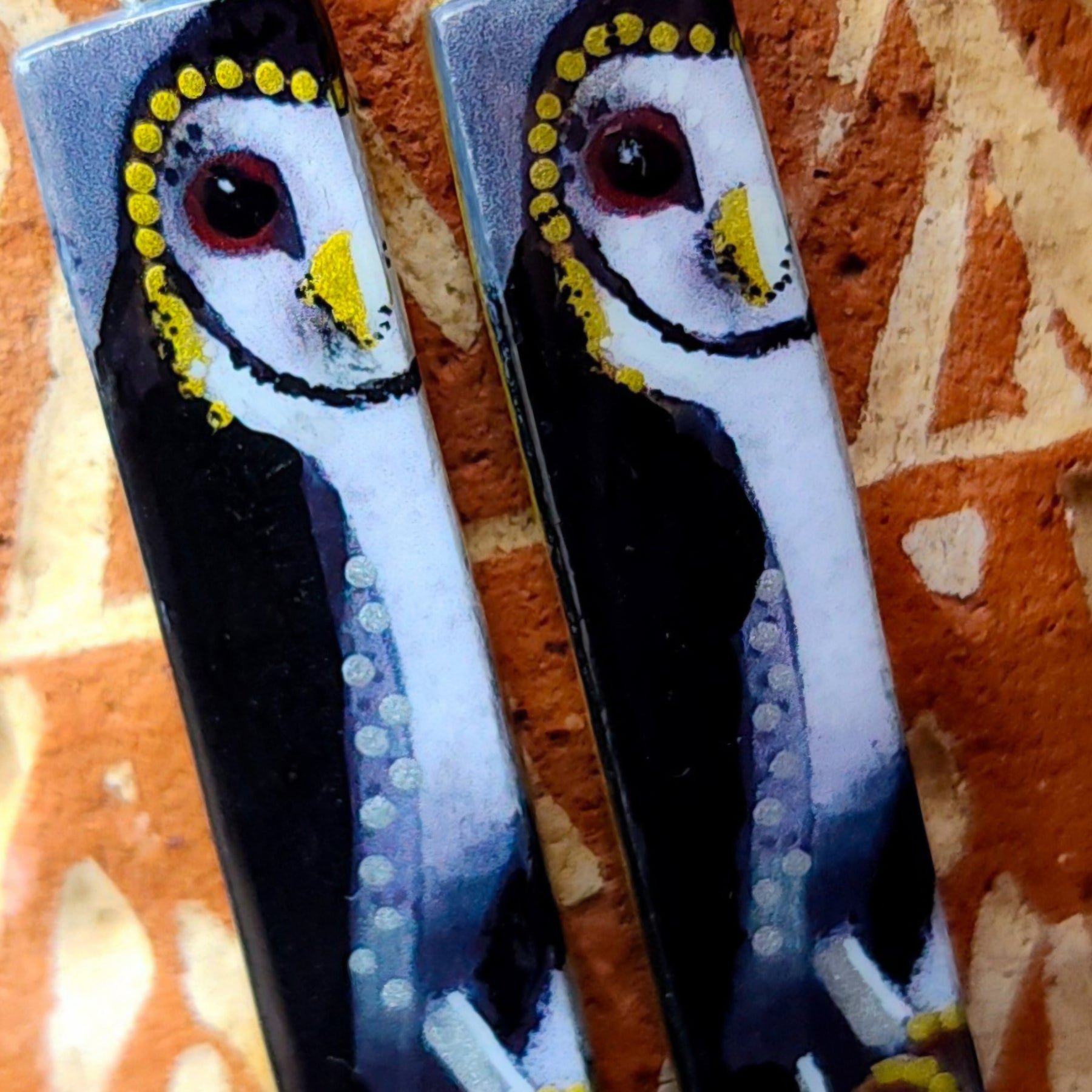 Owl earrings, bird earrings, silver hooks, handpainted, handcarved