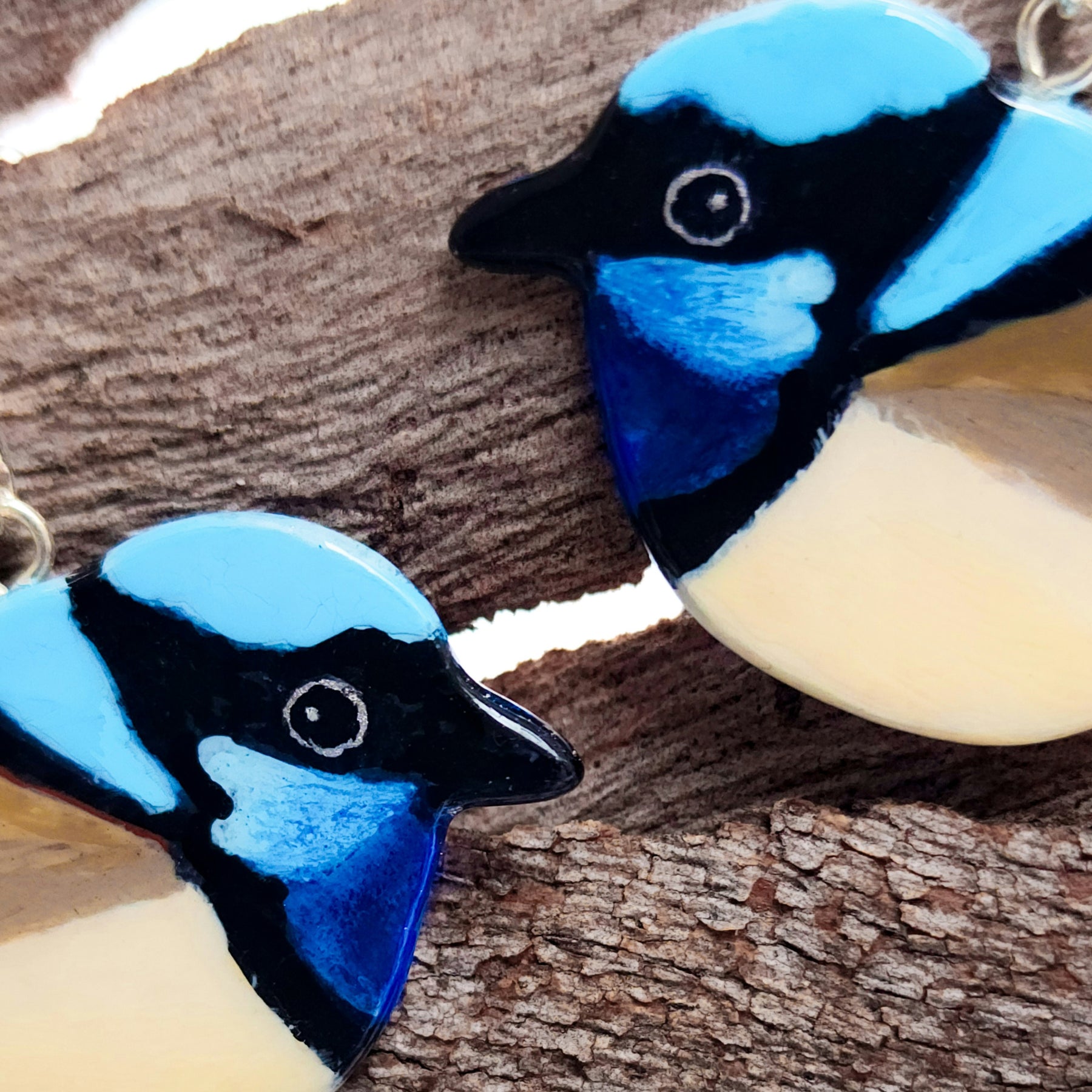 Fairy-wren earrings pastel in silver, handpainted, handcarved