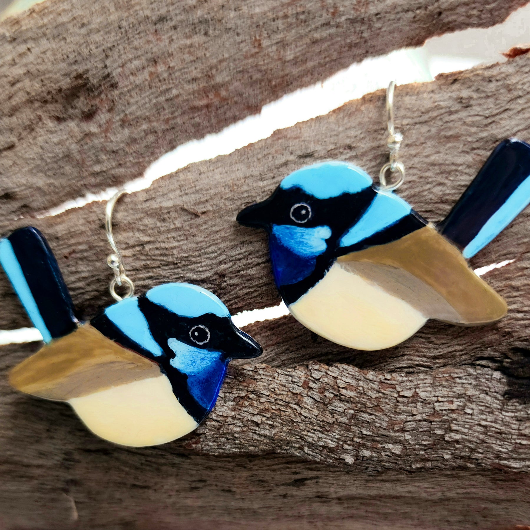 Fairy-wren earrings pastel in silver, handpainted, handcarved