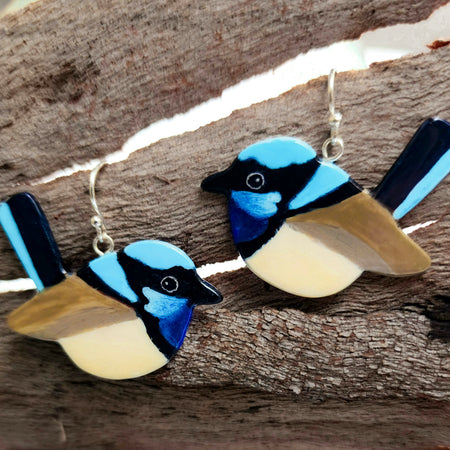 Fairy-wren earrings pastel in silver, handpainted, handcarved