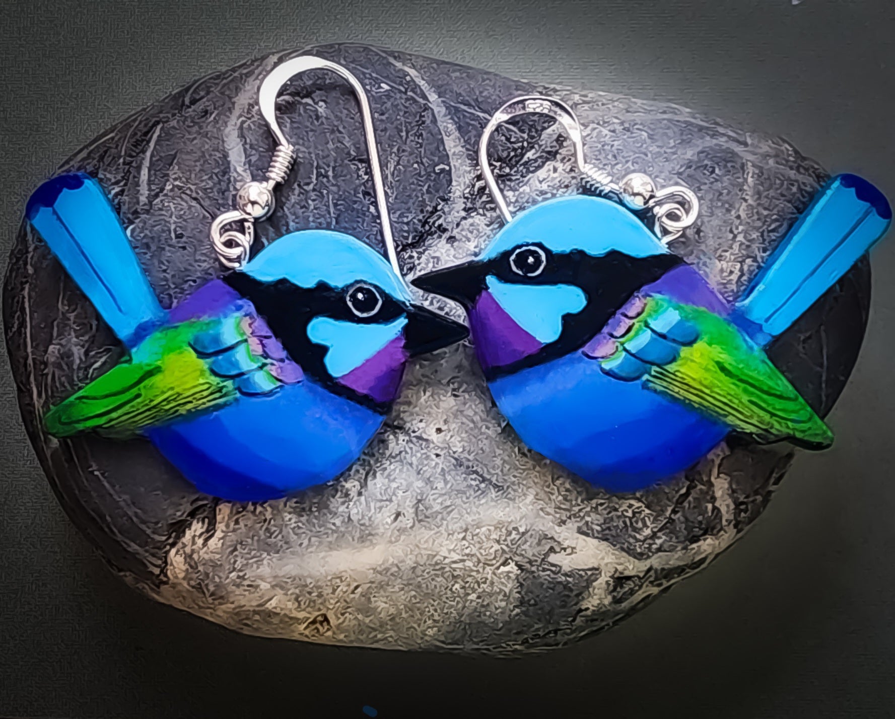 Fairy-wren earrings, sterling silver, handpainted, handcarved