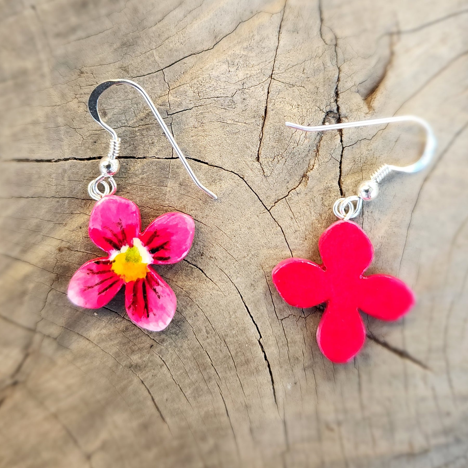 Viola flower earrings, silver hooks, handpainted