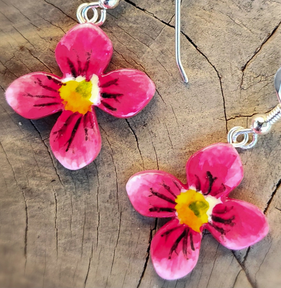 Viola flower earrings, silver hooks, handpainted