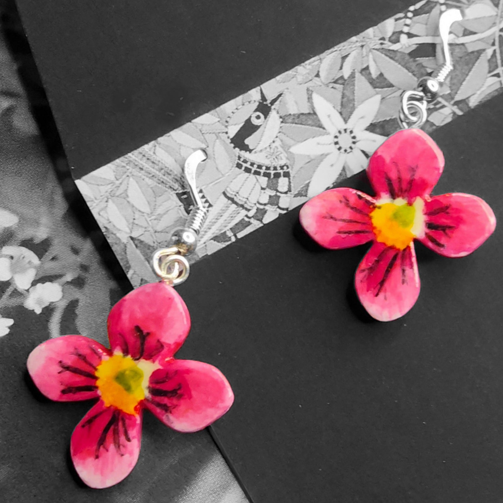 Viola flower earrings, silver hooks, handpainted