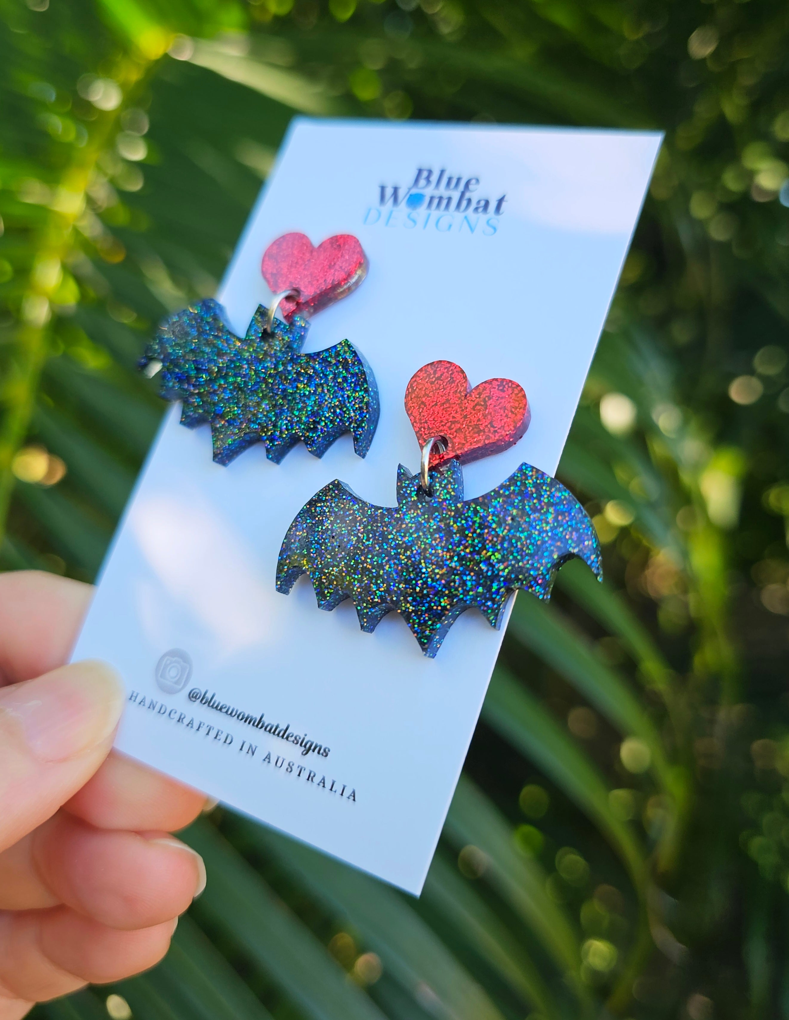 Halloween Flying Bat Resin Glitter Dangle Earrings