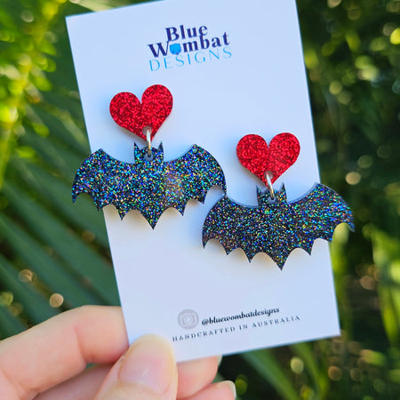 Halloween Flying Bat Resin Glitter Dangle Earrings