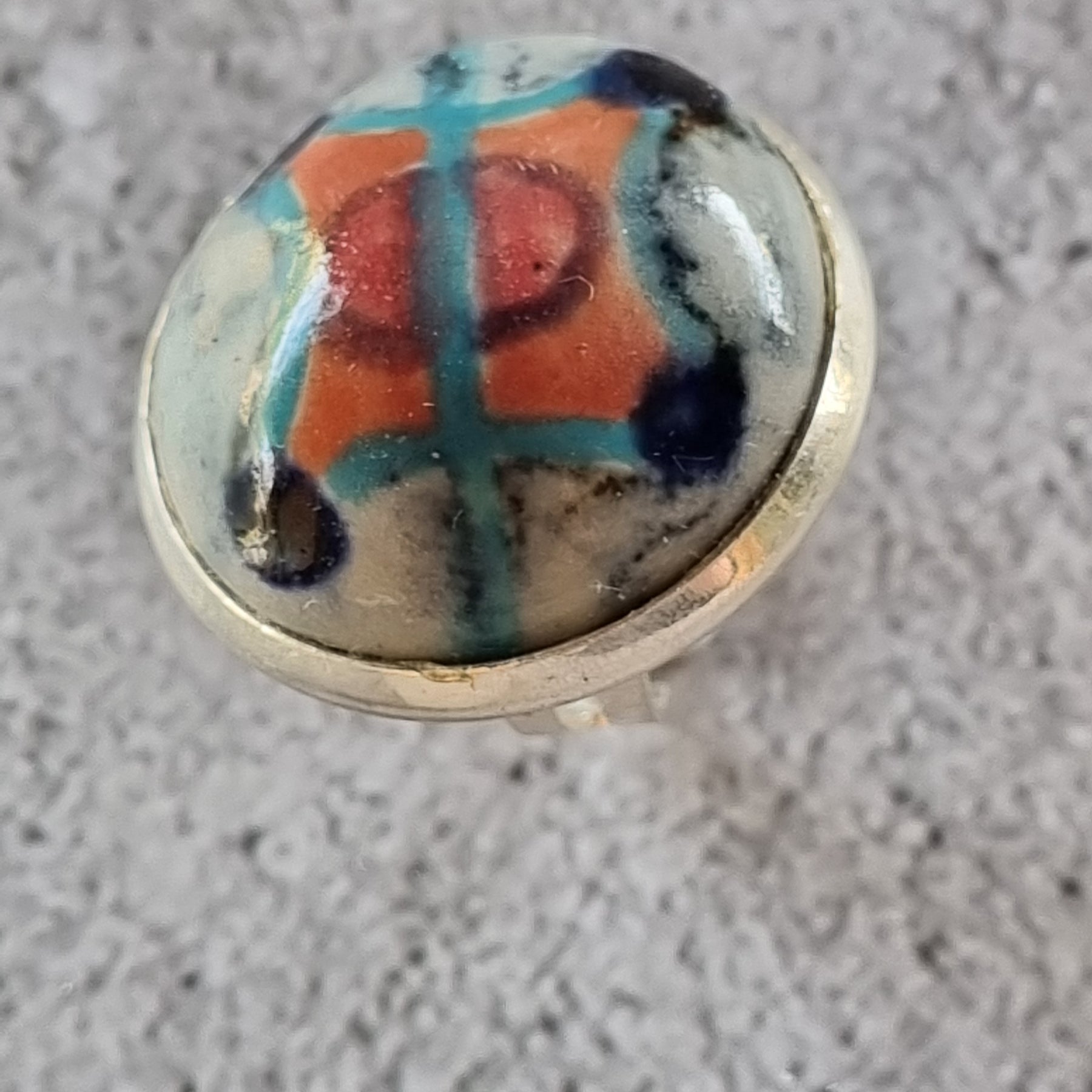 Quirky Ceramic Cocktail Ring, 25mm diameter, adjustable, orange and blue