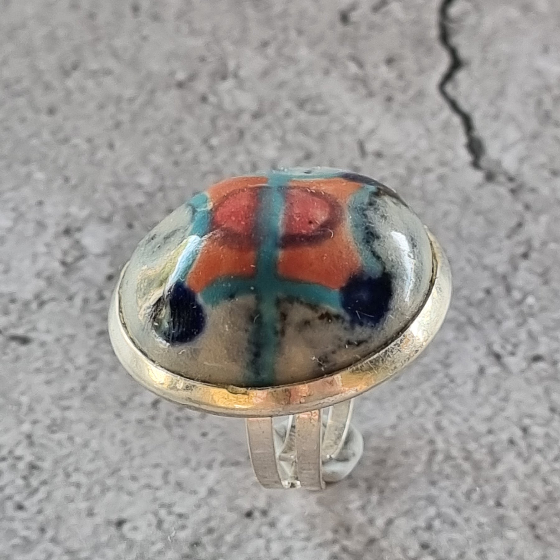 Quirky Ceramic Cocktail Ring, 25mm diameter, adjustable, orange and blue
