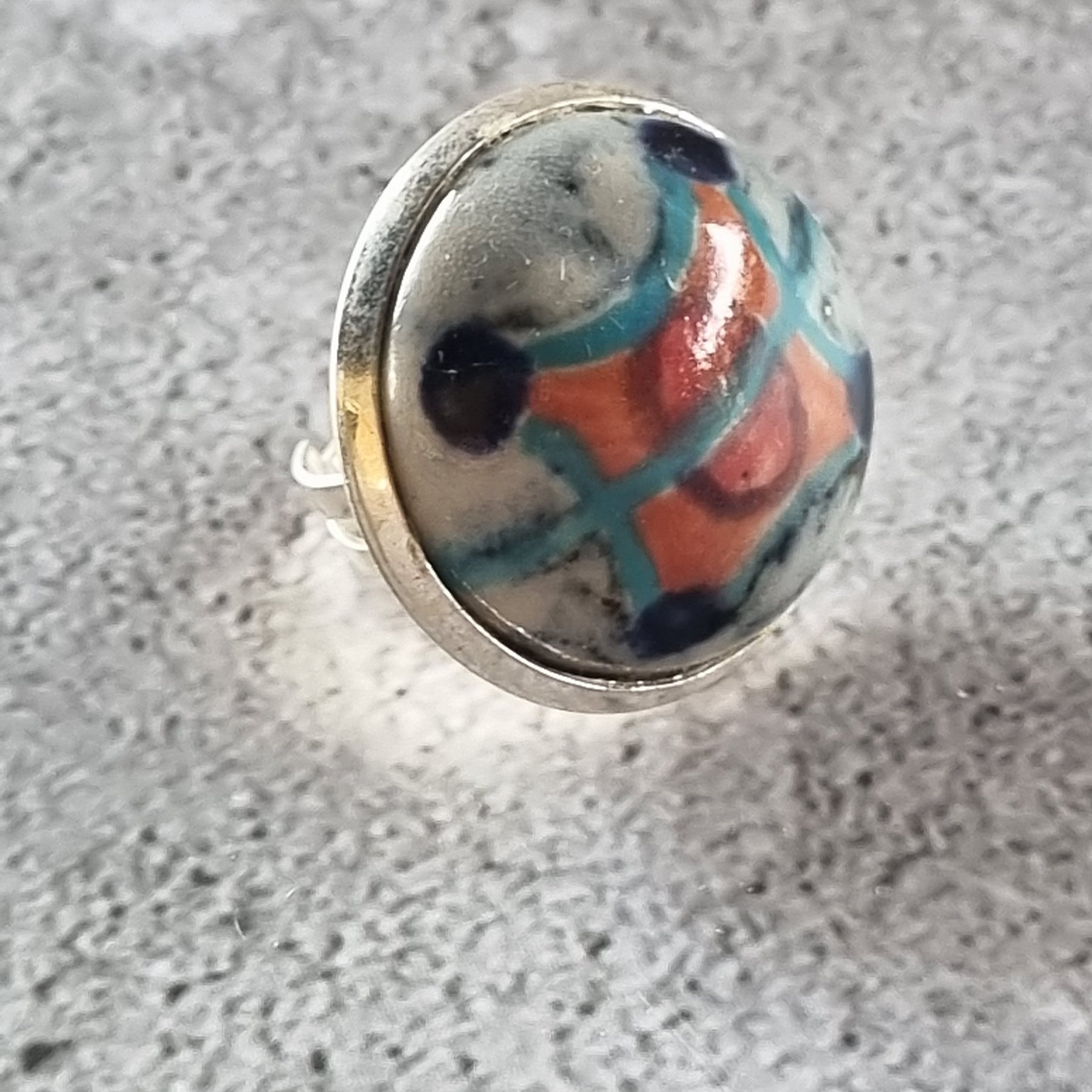 Quirky Ceramic Cocktail Ring, 25mm diameter, adjustable, orange and blue