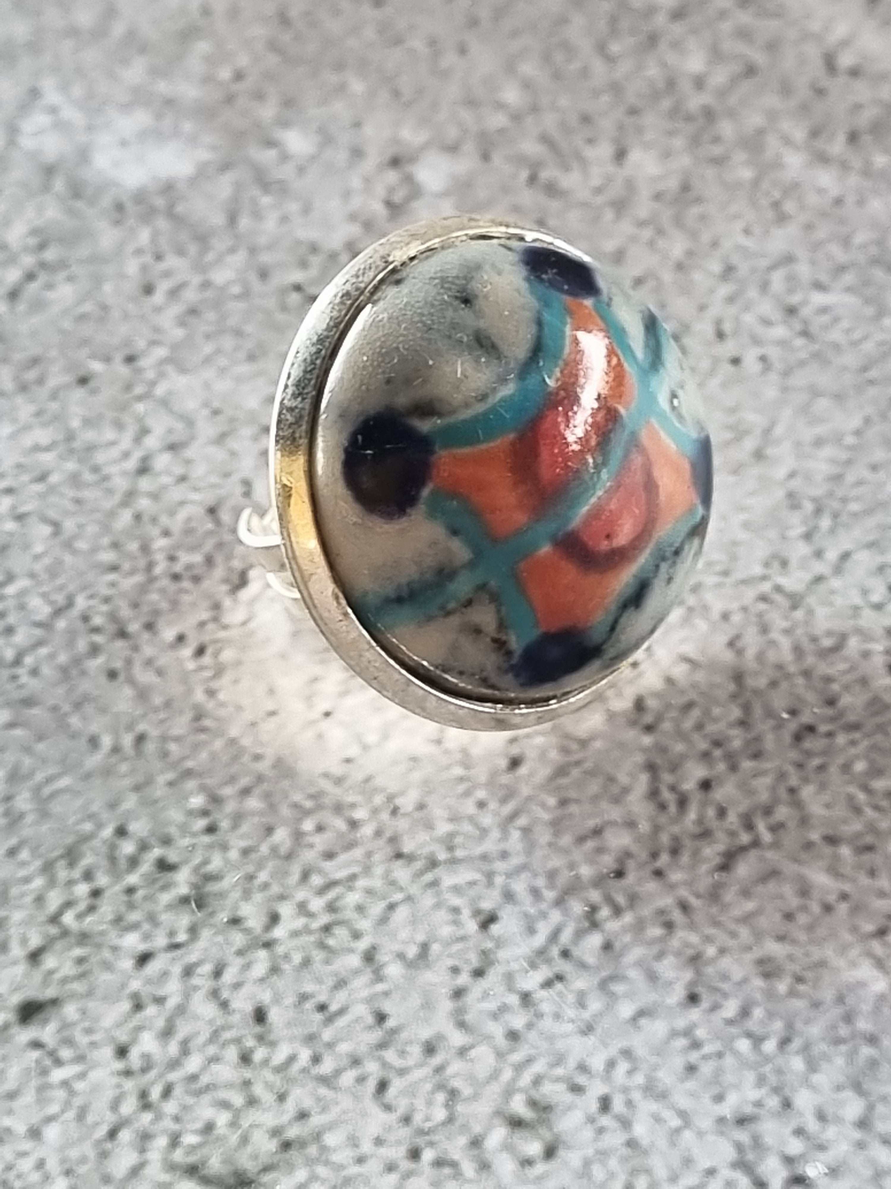 Quirky Ceramic Cocktail Ring, 25mm diameter, adjustable, orange and blue