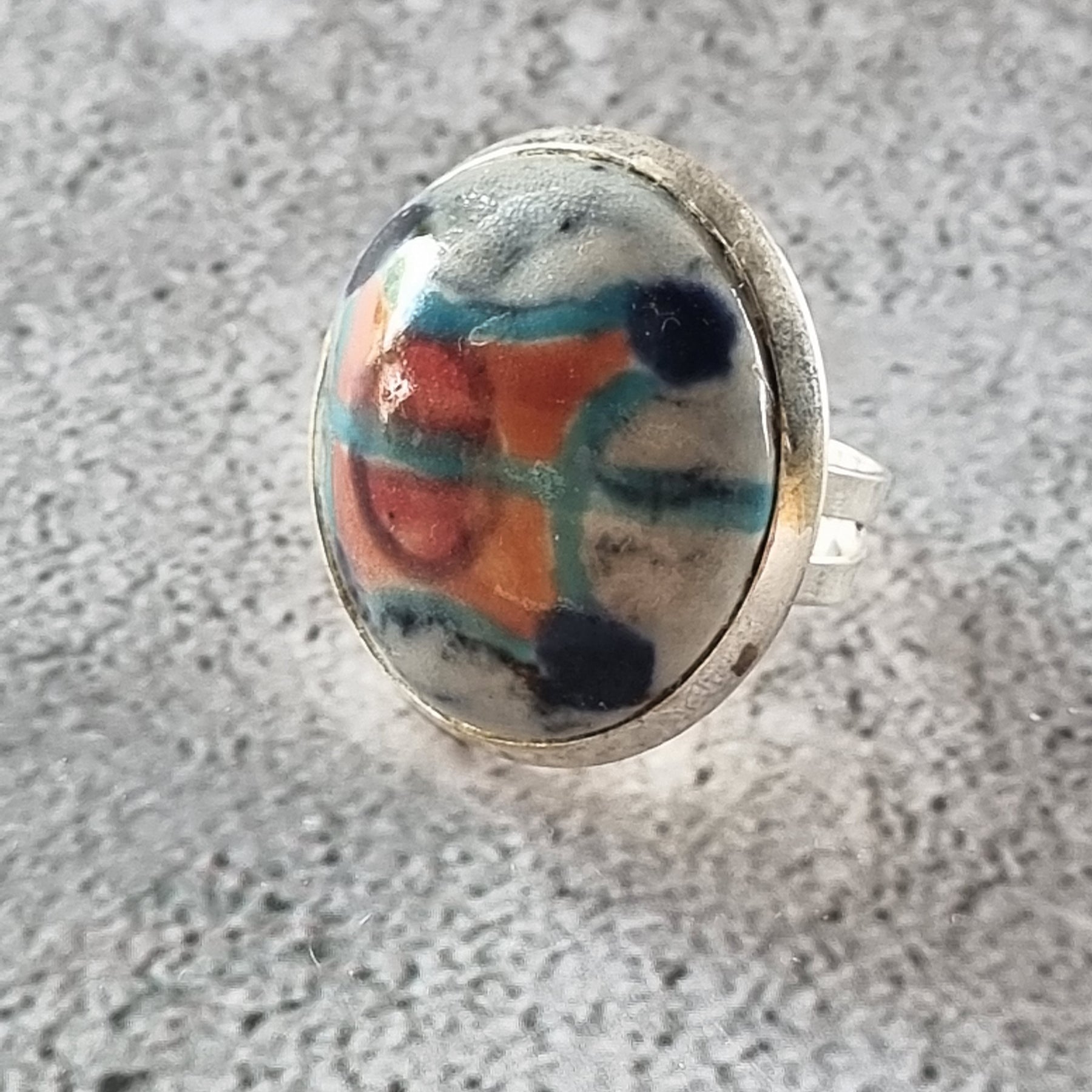 Quirky Ceramic Cocktail Ring, 25mm diameter, adjustable, orange and blue