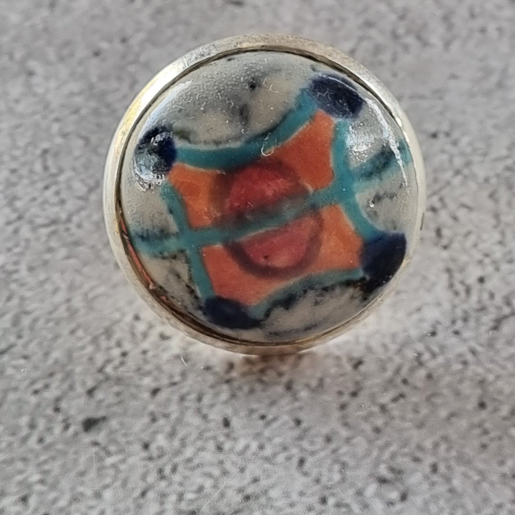 Quirky Ceramic Cocktail Ring, 25mm diameter, adjustable, orange and blue