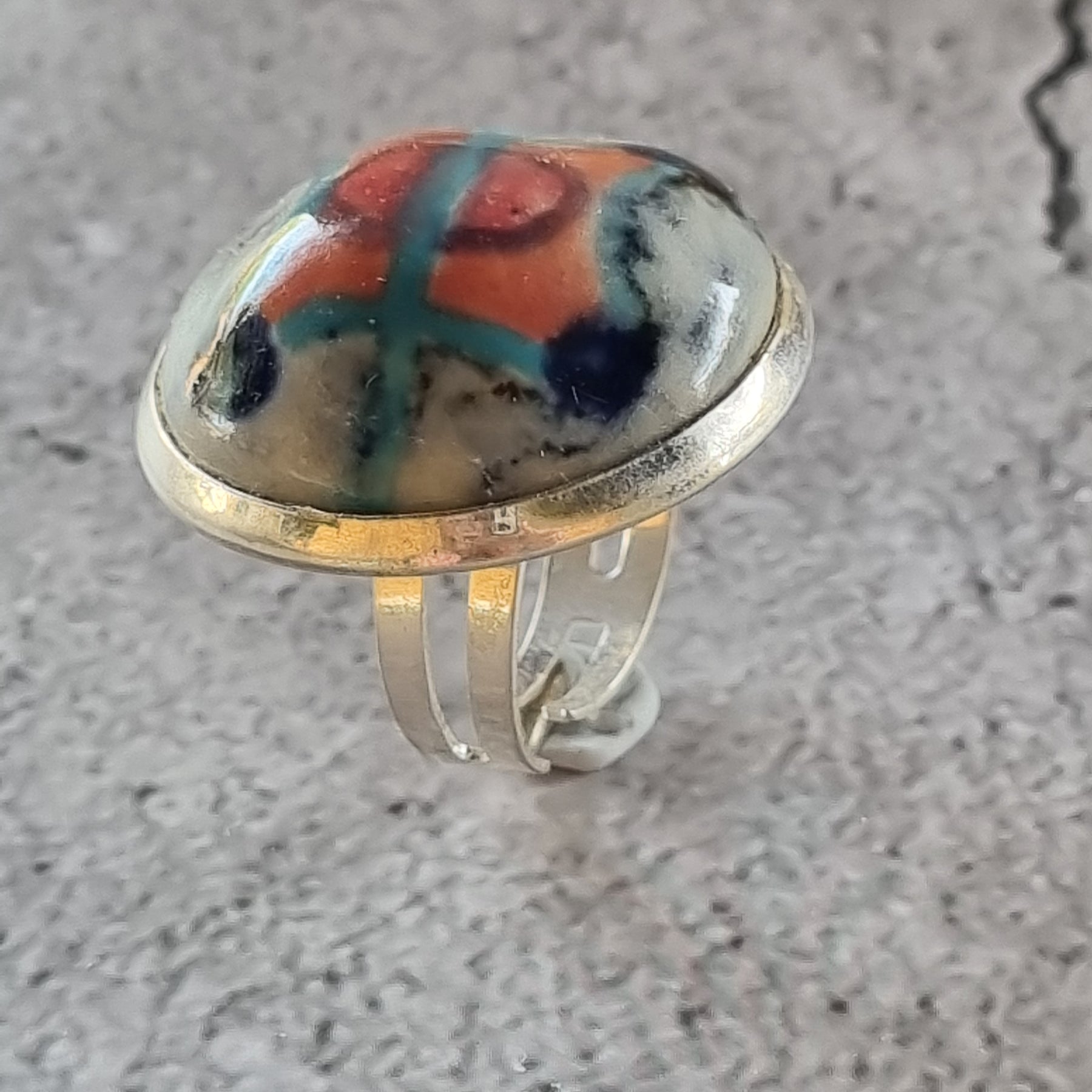Quirky Ceramic Cocktail Ring, 25mm diameter, adjustable, orange and blue
