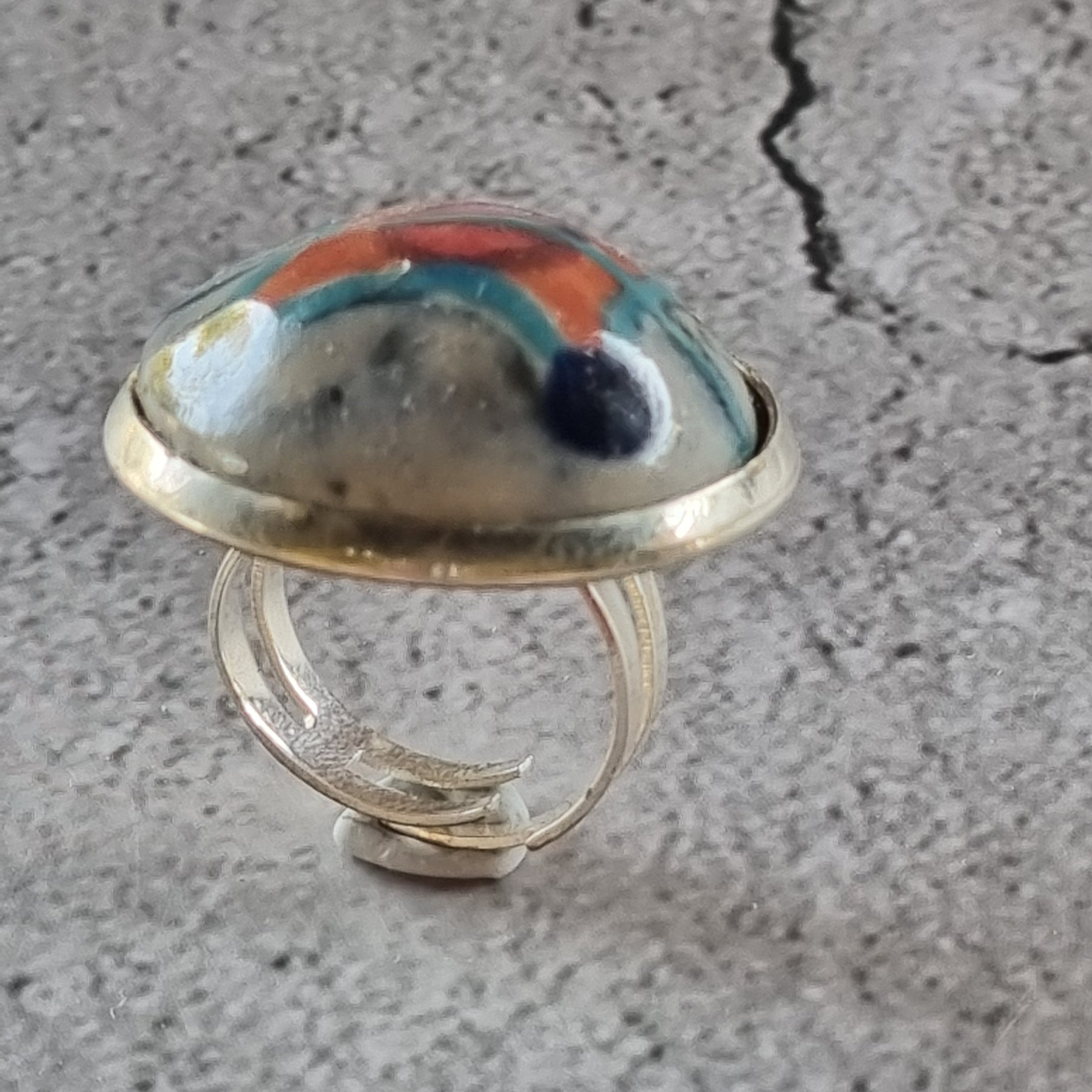 Quirky Ceramic Cocktail Ring, 25mm diameter, adjustable, orange and blue