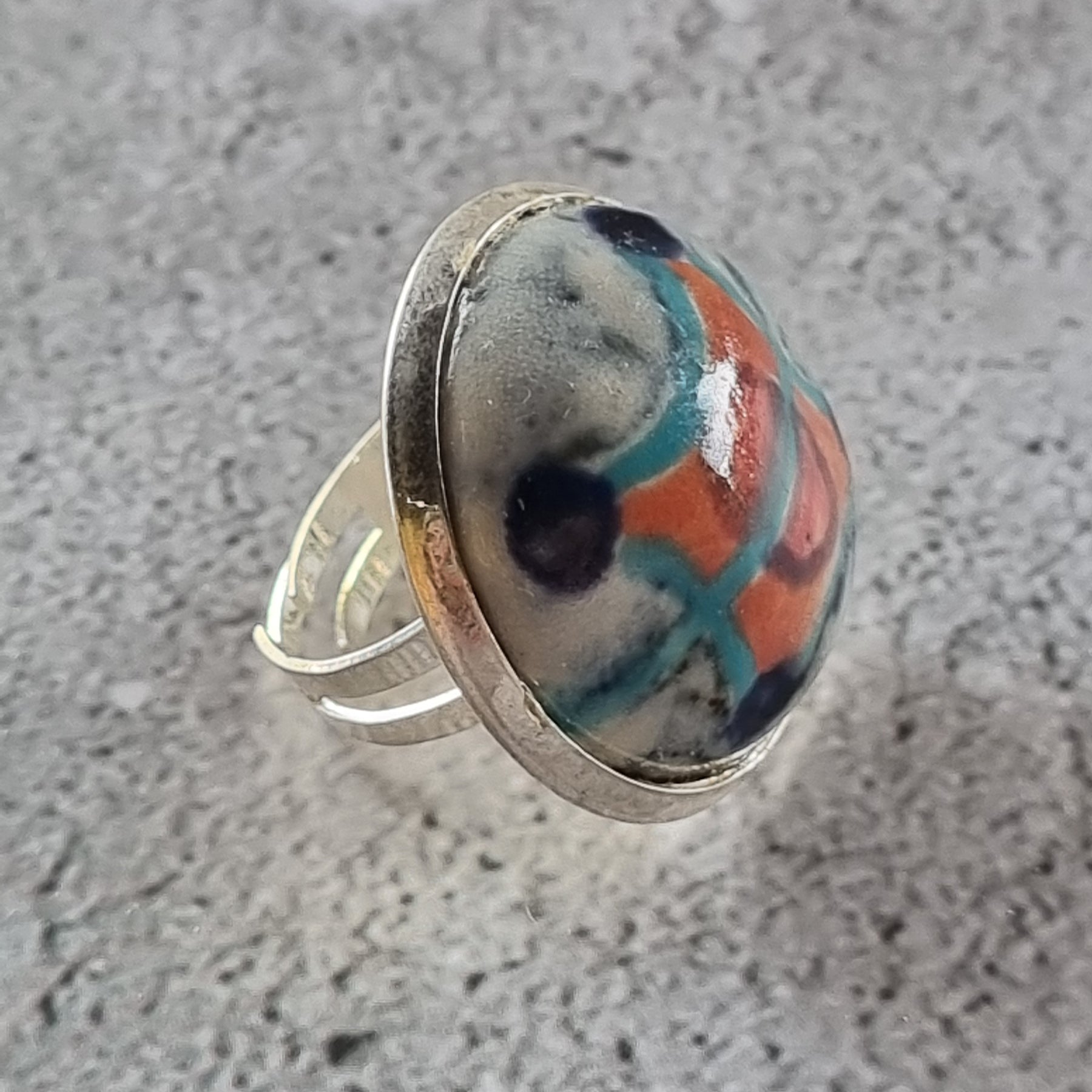 Quirky Ceramic Cocktail Ring, 25mm diameter, adjustable, orange and blue