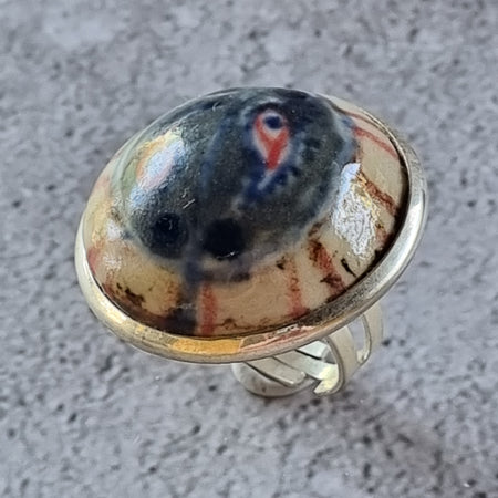 Quirky Ceramic Cocktail Ring, 25mm diameter, adjustable, blue, white and multi-colours
