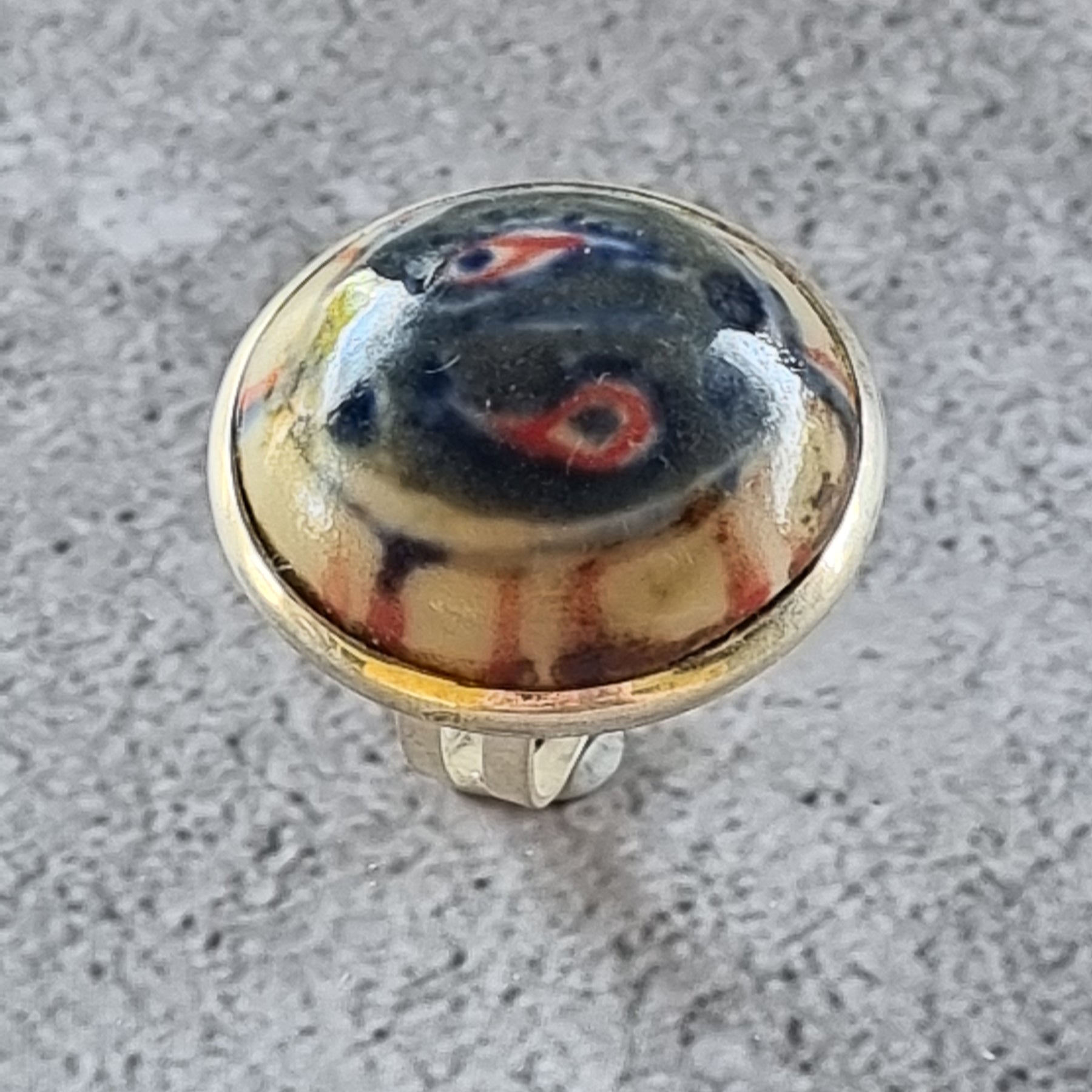 Quirky Ceramic Cocktail Ring, 25mm diameter, adjustable, blue, white and multi-colours