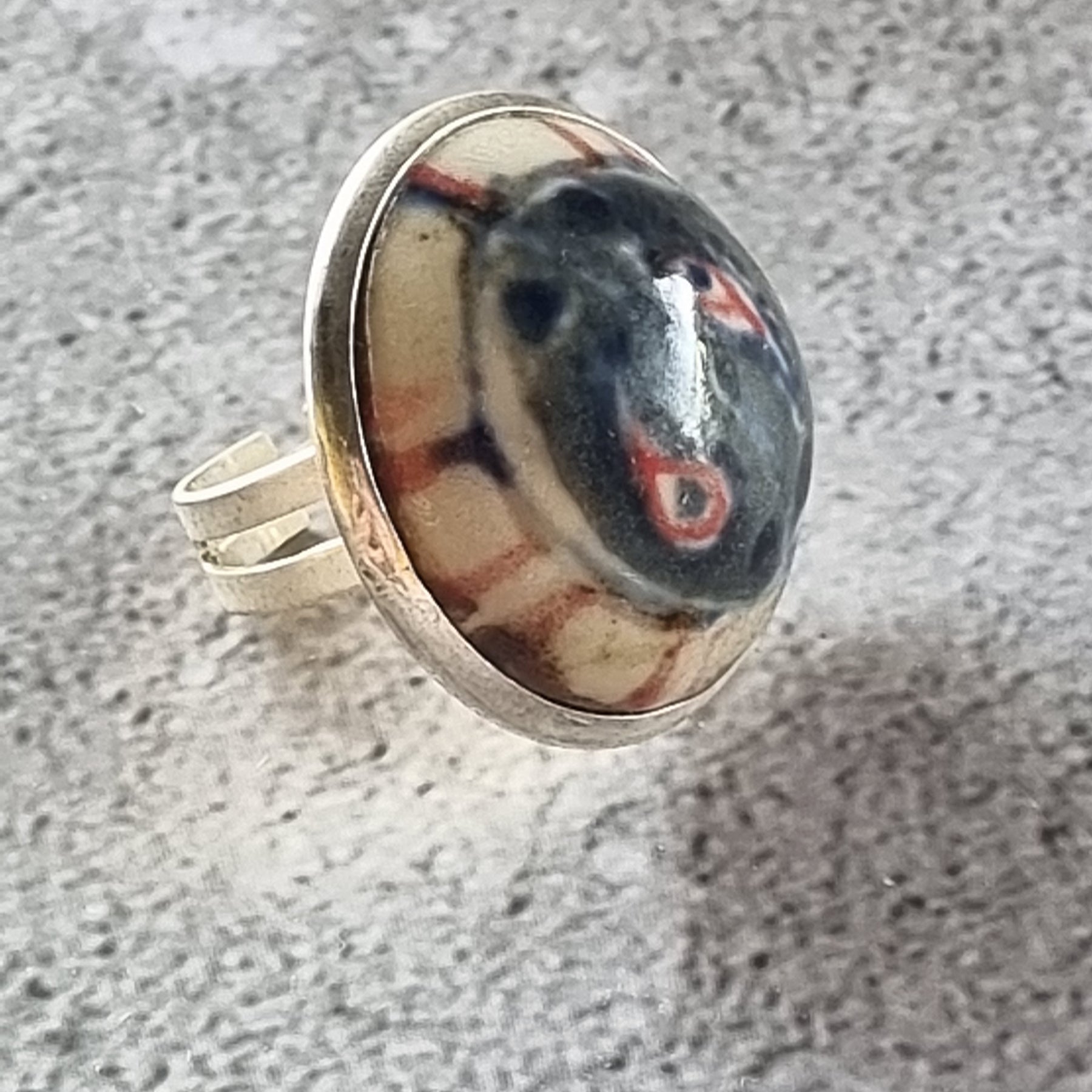 Quirky Ceramic Cocktail Ring, 25mm diameter, adjustable, blue, white and multi-colours